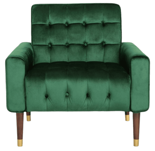 a photo of a modern green velvet chair